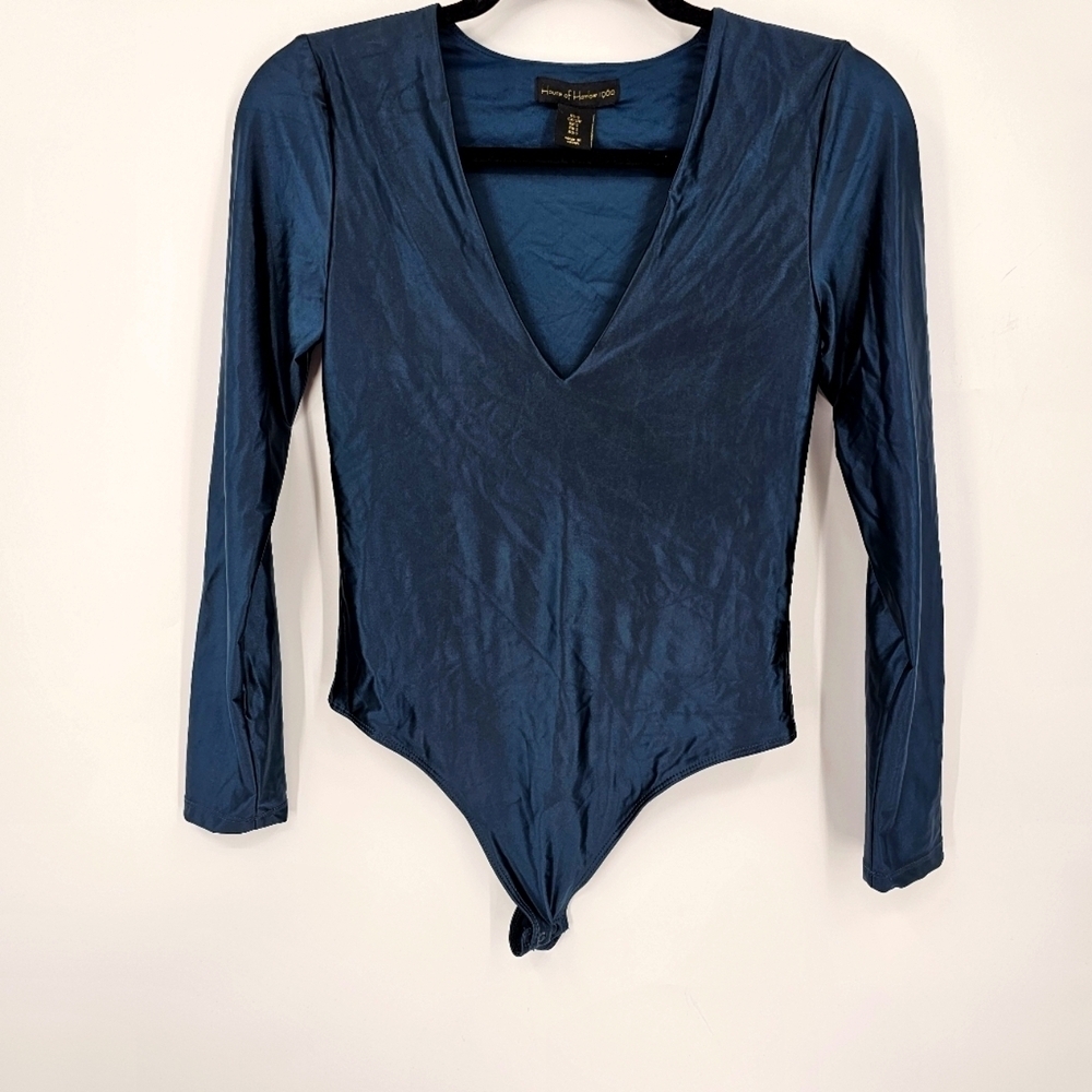 House of Harlow Teal Faux Latex Look Long Sleeve Bodysuit Size S